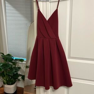 Fit and flare low back criss cross dress, silky thicker fabric, maroon/wine